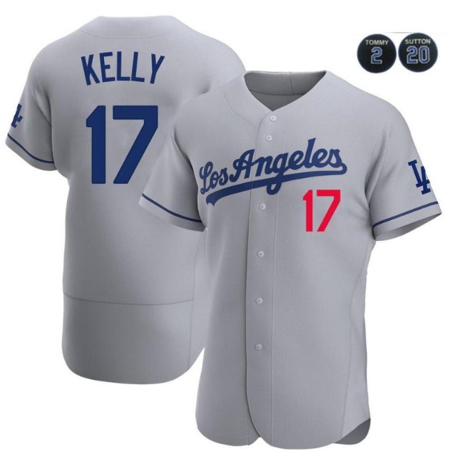Men's Los Angeles Dodgers #17 Joe Kelly Gray #2 #20 Patch Flex Base Stitched Baseball Jersey